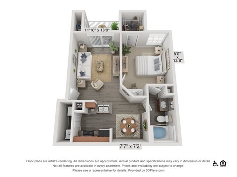Floor plan for 1 bed, 1 bath, 687 sqft